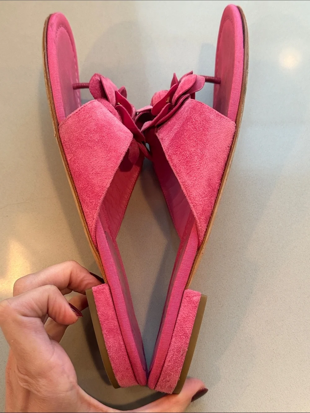 CHANEL Pink Fuchsia Suede Camellia Coco Mark Thong Sandals Size 41c